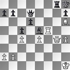 Diagramm.
					Weiß: Kh1, Dg4, Tf5, Lh6, Ba2, Bb2, Bc4, Be4, Bh4.
					Schwarz: Kh8, Dd7, Tg8, Le5, Ba7, Bb7, Bh7, Bd6, Bc5.
					Weiß am Zug.