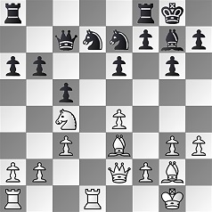 Diagramm.
					Weiß: Kg1, De2, Ta1, Td1, Lg2, Le3, Sc4, Ba2, Bb2, Bf2, Bc3, Bg3, Bh3, Be4.
					Schwarz: Kg8, Dc7, Ta8, Tf8, Lg7, Sd7, Se7, Bf7, Bh7, Ba6, Bb6, Be6, Bg6, Bc5.
					Weiß am Zug.