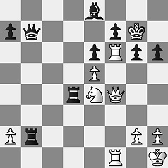 Diagramm.
					Weiß: Kh1, Df4, Tf1, Tf6, Se4, Ba2, Bg2, Bh2, Be5.
					Schwarz: Kg7, Db7, Tb2, Td4, Le8, Ba7, Bf7, Be6, Bg6, Bh6.
					Weiß am Zug.