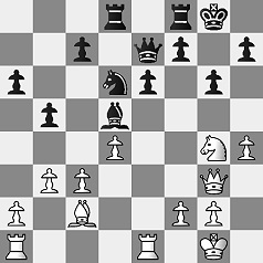 Diagramm.
					Weiß: Kg1, Dg3, Ta1, Te1, Lc2, Sg4, Ba2, Bf2, Bg2, Bb3, Bc3, Bd4, Bh4.
					Schwarz: Kg8, De7, Td8, Tf8, Ld5, Sd6, Bc7, Bf7, Bh7, Ba6, Be6, Bg6, Bb5.
					Weiß am Zug.