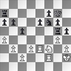 Diagramm.
					Weiß: Kh2, Tf2, Te3, Sf3, Bc2, Bb3, Bd3, Bh3, Ba4, Bg4.
					Schwarz: Kg7, Ta7, Tg5, Sf6, Bf7, Ba6, Bb6, Be6, Bg6, Bc5, Bh5.
					Schwarz am Zug.