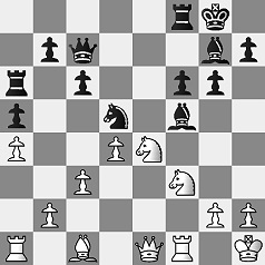 Diagramm.
					Weiß: Kh1, De1, Ta1, Tf1, Lc1, Sf3, Se4, Bb2, Bg2, Bh2, Bc3, Ba4, Bd4.
					Schwarz: Kg8, Dc7, Tf8, Ta6, Lg7, Lf5, Sd5, Bb7, Bh7, Bc6, Bf6, Bg6, Ba5.
					Weiß am Zug.