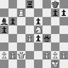 Diagramm.
					Weiß: Kg1, Dc2, Tc7, Se5, Ba2, Bb2, Bf2, Bg2, Bh2, Bd4.
					Schwarz: Kg8, Df4, Td8, La6, Bg7, Bh7, Bb6, Ba5, Be4.
					Weiß am Zug.