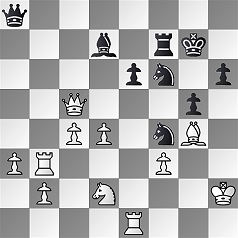 Diagramm.
					Weiß: Kh2, Dc5, Te1, Tb3, Lg4, Sd2, Bb2, Ba3, Bf3, Bc4, Bd4.
					Schwarz: Kg7, Da8, Tf7, Ld7, Sf6, Sf4, Bg5, Be6, Bh6.
					Schwarz am Zug.