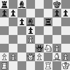 Diagramm.
					Weiß: Kh1, Dd2, Ta1, Tf1, Lg2, Sf3, Ba2, Bb2, Be2, Bh2, Bg3, Bd4.
					Schwarz: Kg8, De3, Ta8, Tf6, Lc8, Ld6, Ba7, Bb7, Bg7, Bh7, Bc6, Bd5.
					Schwarz am Zug.