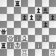 Diagramm.
					Weiß: Kc2, Db3, Td1, Th1, Ld3, Bb2, Bf2, Bh2, Bc3, Bg3.
					Schwarz: Kf6, Da4, Tc8, Ta2, Lg7, Bf7, Bd6, Be6, Bh6, Bg5.
					Schwarz am Zug.