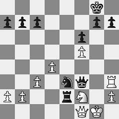 Diagramm.
					Weiß: Kg1, Df1, Th3, Sf2, Ba2, Bb2, Bh2, Bc3, Bd4, Bf5.
					Schwarz: Kg8, Df3, Te2, Se3, Ba7, Bb7, Bc7, Bg7, Bh7, Bf6.
					Schwarz am Zug.