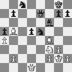 Diagramm.
					Weiß: Kg2, Dd1, Lb5, Lf4, Sf3, Bb2, Bf2, Bh2, Bg3, Ba4.
					Schwarz: Kg8, De7, Lf6, Sc8, Se5, Bb7, Bg7, Bh7, Ba5, Bd5.
					Weiß am Zug.