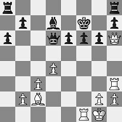 Diagramm.
					Weiß: Kg1, Dh6, Tf1, Th3, Lc2, Bb2, Bg2, Bh2, Bc3, Bd4.
					Schwarz: Kf7, Dd6, Ta8, Th8, Ld7, Bb7, Bh7, Ba6, Be6, Bf6, Bg6.
					Weiß am Zug.