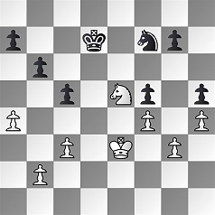 Diagramm.
Weiß: Ke3, Se5, Ba4, Bb2, Bc3, Bf4, Bg3, Bh4.
Schwarz: Kd7, Sf7, Ba7, Bb6, Bc5, Bf5, Bg7, Bh5.
Schwarz am Zug.