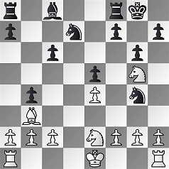 Diagramm.
Weiß: Ke1, Ta1, Th1, Bb3, Se2, Sg5, Ba2, Bb2, Bc2, Bf2, Bg2, Bh2, Be4.
Schwarz: Kg8, Ta8, Tf8, Lc8, Sd7, Sg4, Ba7, Bf7, Bh7, Bc6, Bg6, Be5, Bb4.
Weiß am Zug.