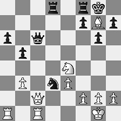 Diagramm.
					Weiß: Kg1, Dc2, Ta1, Tc1, Lg7, Se4, Bf2, Bg2, Bh2, Bb3, Be3.
					Schwarz: Kg8, Dc6, Td8, Tf8, Sd3, Bf7, Bh7, Ba6, Bg6, Bb5.
					Schwarz am Zug.