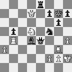 Diagramm.
					Weiß: Kh2, Dd7, Tb4, Lg3, Sd5, Bf2, Bg2, Ba3, Bh4.
					Schwarz: Kg7, De4, Te8, Ld4, Sf5, Bf7, Bh7, Bg6, Bb5.
					Weiß am Zug.