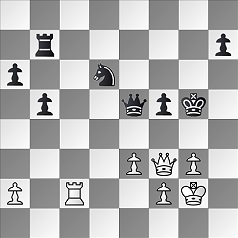 Diagramm.
					Weiß: Kg2, Df3, Tc2, Ba2, Bf2, Be3, Bg3.
					Schwarz: Kg5, De5, Tb7, Sd6, Bh7, Ba6, Bb5, Bf5.
					Weiß am Zug.