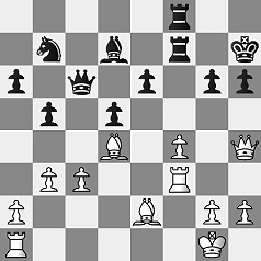 Diagramm.
					Weiß: Kg1, Dh4, Ta1, Tf3, Le2, Ld4, Ba2, Bg2, Bh2, Bb3, Bc3, Bf4.
					Schwarz: Kh7, Dc6, Tf8, Tf7, Ld7, Sb7, Ba6, Be6, Bg6, Bh6, Bb5, Bd5.
					Weiß am Zug.