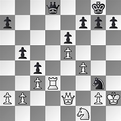 Diagramm.
					Weiß: Kh2, De2, Td3, Sf1, Ba2, Bb2, Bg2, Bc3, Bf4, Be5.
					Schwarz: Kg8, Dd8, Sg3, Ba7, Bf7, Bg7, Bh7, Be6, Bb5, Bc4.
					Schwarz am Zug.