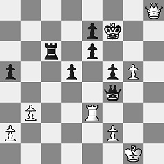 Diagramm.
					Weiß: Kg1, Dh8, Te3, Ba2, Bf2, Bb3, Bg5.
					Schwarz: Kf7, Df4, Tc6, Be7, Be6, Ba5, Bd5, Bf5.
					Weiß am Zug.